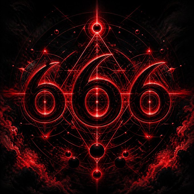A symmetrical, glowing red digital artwork featuring the number "666" intertwined with geometric shapes, triangles, and circles against a dark background.