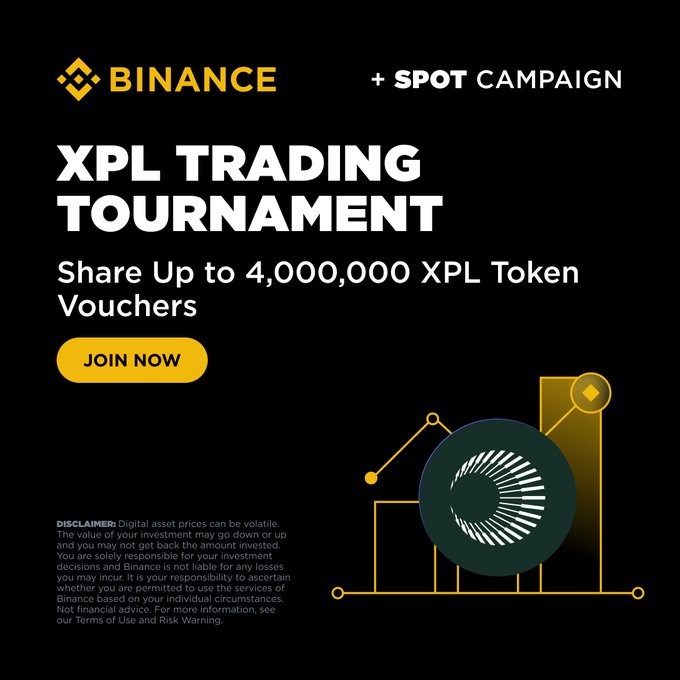 The image is a Binance promotional graphic for the XPL Trading Tournament, featuring the Binance logo at the top, bold white text announcing "XPL TRADING TOURNAMENT," and a subheading offering "Share Up to 4,000,000 XPL Token Vouchers," accompanied by a yellow "JOIN NOW" button and a stylized XPL token illustration with a trading chart in the lower right corner.