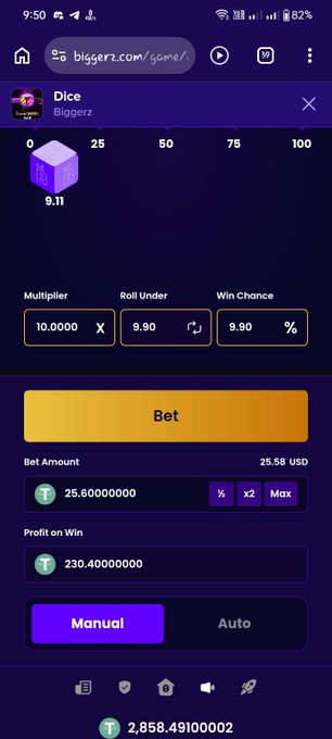 A mobile screenshot of a Biggserz dice gambling website showing a bet configuration with a 10x multiplier, 9.80 roll under, 9.90% win chance, and a 25.58 USD bet amount on a purple-themed interface.