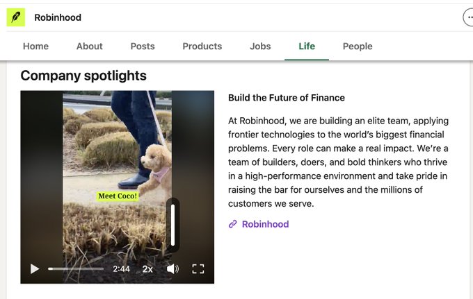 Robinhood's "Life" page features a "Company spotlights" section with a video titled "Build the Future of Finance," showcasing a cute dog named Coco among hay bales. The accompanying text describes Robinhood's elite team and mission to raise the bar for millions of customers, connecting to the post about meeting Coco.