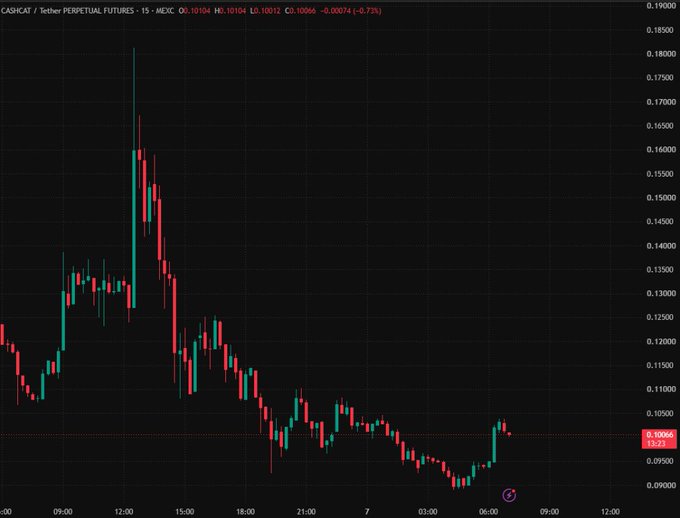 A 15-minute candlestick chart of the CASHCAT/USDT perpetual futures pair on MEXC shows a volatile 24-hour period, with the token spiking to a high of ~$0.19 before crashing and consolidating around $0.10, accompanied by on-chain commentary noting that one whale wallet (0x70FdB91c...) sold 6.4M of its 31M accumulated CASHCAT tokens for ~$740K, while the rest of the large holders continue to hold.