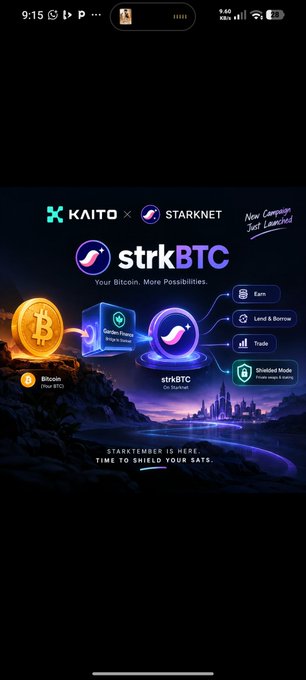 A promotional graphic for KANTO and Starknet featuring 'strkBTC - Your Bitcoin, More Possibilities,' with icons for Earn, Lend & Borrow, and Trade, and text reading 'STARKTEMBER IS HERE! TIME TO SHIELD YOUR SATS.'