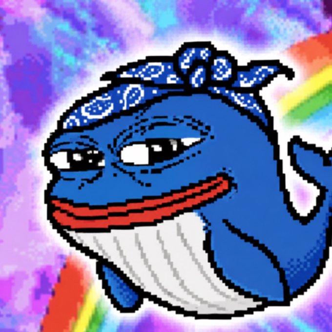 A pixel art illustration of a blue whale wearing a blue bandana with white patterns, grinning widely against a colorful psychedelic background.