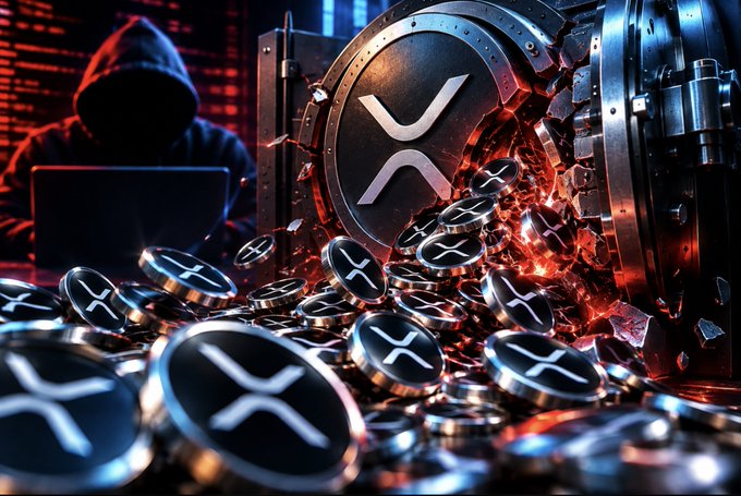 A dramatic image shows a hooded figure at a laptop beside an open vault spilling crypto coins bearing the XRP logo, symbolizing a major bug discovered in the XRP Ledger that could have allowed attackers to mint unlimited spendable $XRP for just a few hundred XRP in reserves—though no evidence has surfaced that the vulnerability was ever exploited.
