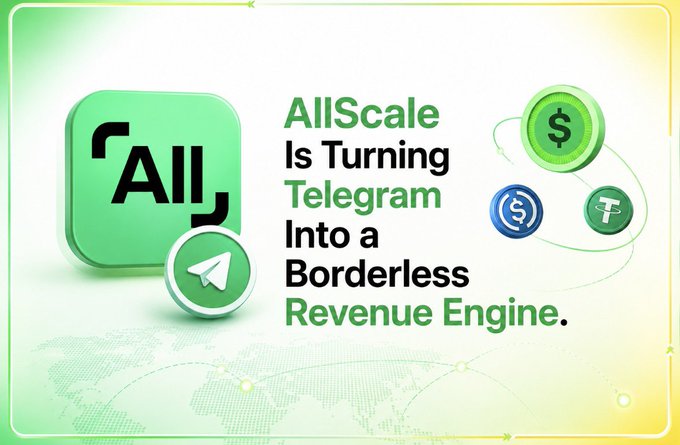 A promotional graphic featuring the AllScale logo alongside a Telegram icon and currency symbols ($, ₮) with the headline: "AllScale Is Turning Telegram Into a Borderless Revenue Engine." The image visually reinforces the post's message about AllScale's storefront integration tool that enables seamless value exchange within Telegram communities through self-custody stablecoin solutions.