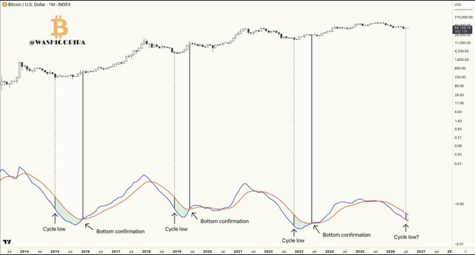A long-term logarithmic chart of Bitcoin/USD displays monthly MACD lines (blue and orange) along with cycle lows marked in 2015, 2019, and 2023, each showing that absolute bottoms occurred before the MACD crossover, with annotations like "Cycle low," "Bottom confirmation," and the Twitter handle "@WISECRYPTOA" — visually supporting the post's claim that BTC cycle lows historically happen while MACD lines are still declining.