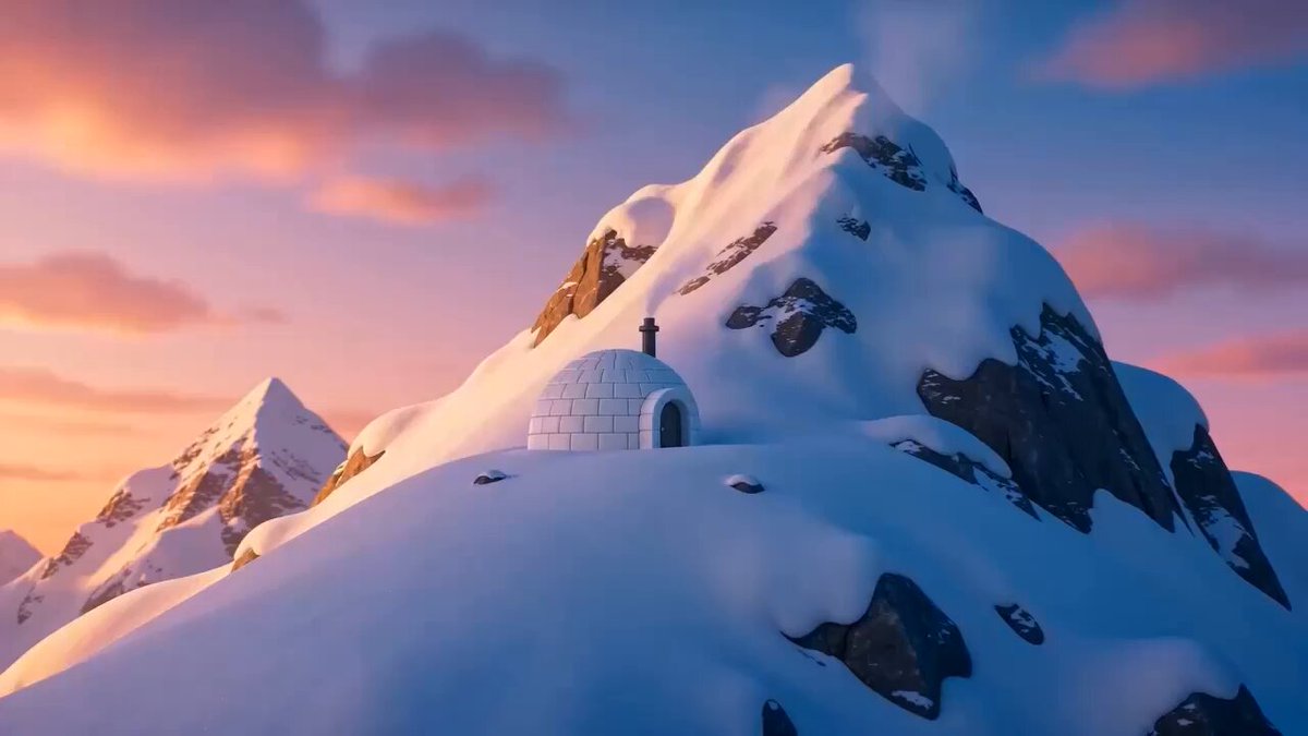 The image features an igloo sitting atop a snowy mountain, with a person standing next to it. The scene also includes a sunset over the mountains, creating a serene atmosphere. The caption reads "I mean this as a sincere compliment, the new OpenSea is the on-chain version of Coinbase. It has everything and it’s easy to use". This statement seems unrelated to the image's content and could be an unrelated comment or joke.