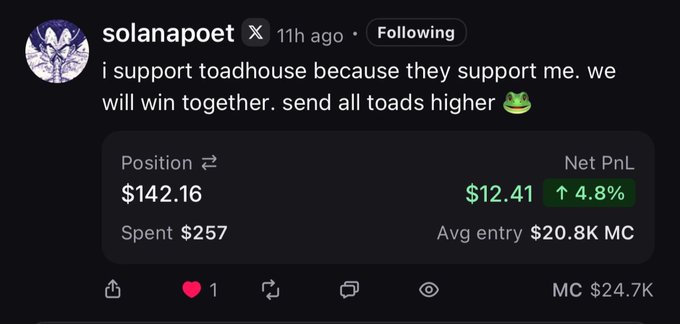 A social media post by 'solanapoet' supporting 'toadhouse' with a trading position showing $142.16 spent and $12.41 net PnL (up 4.8%).
