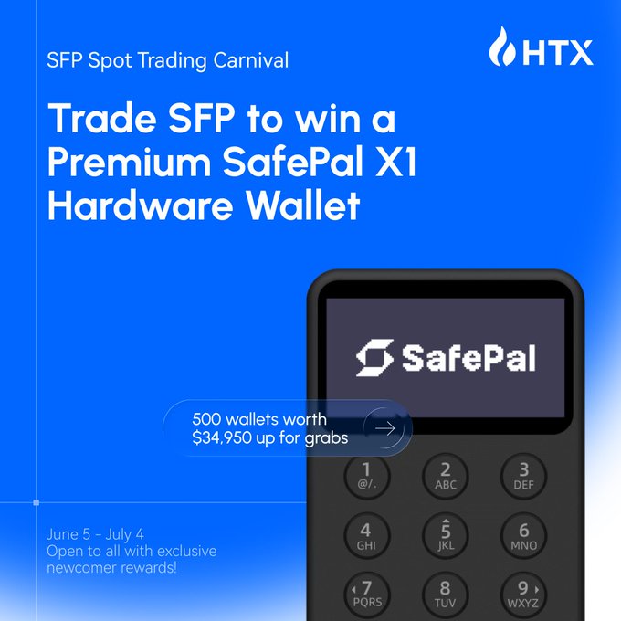 The image features a black trade calculator next to a blue background that reads "Trade SFP on spot for a chance to win a Premium SafePal X1 Hardware Wallet $34,950 are up for grabs. Exclusive prize pools for new users and first-time SFP traders. Trade more. Win more." It is advertising a trading carnival event where people can trade items like SafePal X1 hardware wallets with spot trading of SafePal to win a Premium SafePal X1 Hardware Wallet. This ad implies the presence of an event happening on June 5th at a specific time (possibly 4 pm). The text suggests that those who participate in this event will receive a 500 wallet worth of reward.