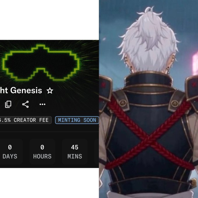 A split-screen showing an NFT minting page on the left with a green pixelated logo, text '...ht Genesis', '5% CREATOR FEE', 'MINTING SOON', and a countdown timer at 0 DAYS, 0 HOURS, 45 MINS, alongside an anime-style character with white hair and dark armor on the right.