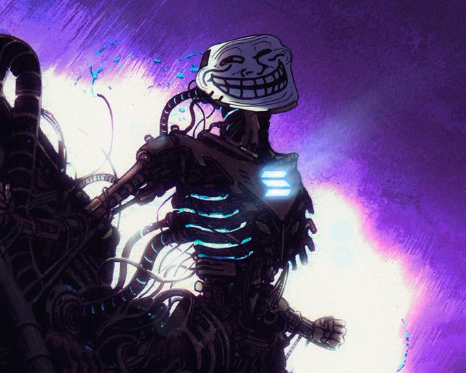 A robotic figure with a grinning troll face mask and an exposed glowing blue mechanical ribcage is depicted in a dark, stylized illustration. The image relates to the "solana *beep boop*" caption by depicting an AI-like or machine entity, hinting at the increasingly automated and chaotic nature of crypto culture.