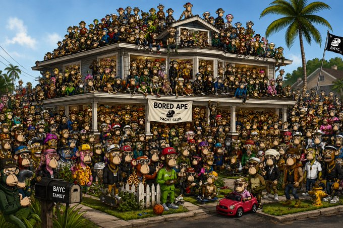 A Bored Ape Yacht Club NFT artwork showing a large mansion crowded with numerous ape characters, with a banner reading 'BORED APE YACHT CLUB' and a 'BAYC Family' mailbox.