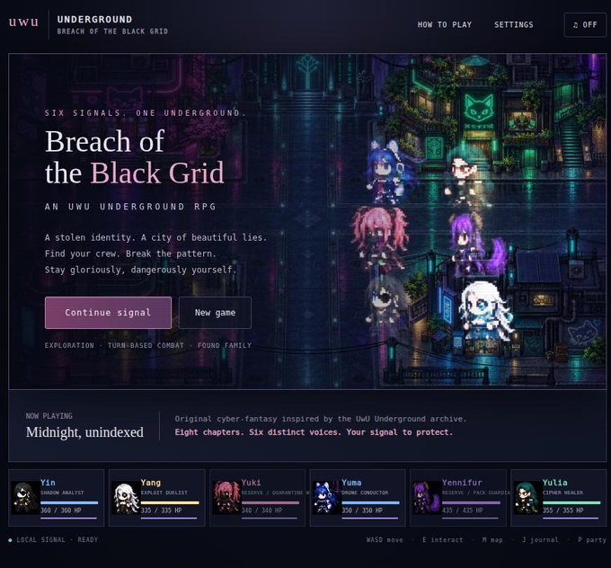 A video game menu screen for 'Breach of the Black Grid' titled 'UNDERGROUND' displays 'SIX SIGNALS. ONE UNDERGROUND.' with pixel-art character sprites and party stats for Yin, Yang, Yuki, Yuma, Yennifur, and Yulia.