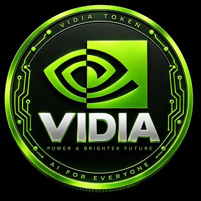 A green and black cryptocurrency-style coin features the NVIDIA logo alongside the text "VIDIA," "VIDIA TOKEN," "POWER A BRIGHTER FUTURE," and "AI FOR EVERYONE," visually promoting the VIDIA meme token described in the post as a speculative 3% holder-reward coin piggybacking on Nvidia's AI branding.