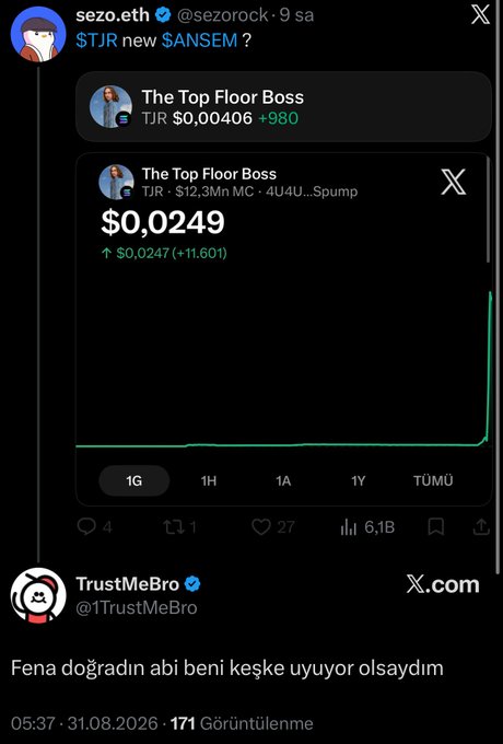 The image shows a tweet from @sezorock asking if $TJR is the "new $ANSEM," accompanied by a chart displaying TJR's price at $0.0249 with an 11.601% increase. Below it, user @1TrustMeBro responds in Turkish, mocking the act of sharing ticker updates, which directly illustrates his frustration about these types of pump alerts flooding the timeline.