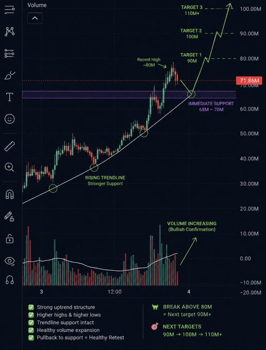 A bullish price chart for $CATE shows a strong uptrend with identified support levels and targets of 90M, 100M, and 110M+. The chart indicates volume increasing, confirming bullish sentiment.