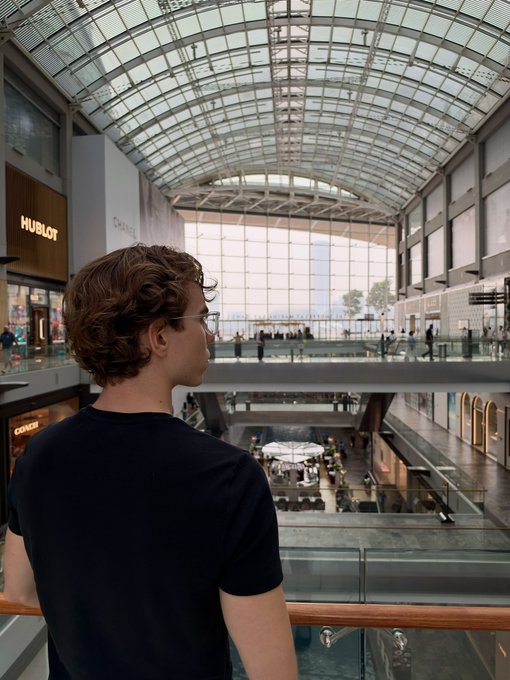 A young man with curly brown hair and glasses wearing a black t-shirt looks out over a modern, upscale shopping mall atrium with a large glass arched ceiling and luxury stores including Omega and Hublot visible.