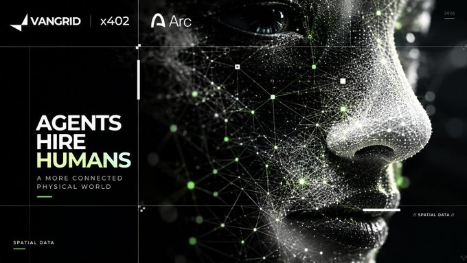 A promotional graphic with the text 'AGENTS HIRE HUMANS: A MORE CONNECTED PHYSICAL WORLD' alongside logos for 'VANGRID', 'x402', and 'Arc', featuring a face rendered with a digital mesh of glowing dots.