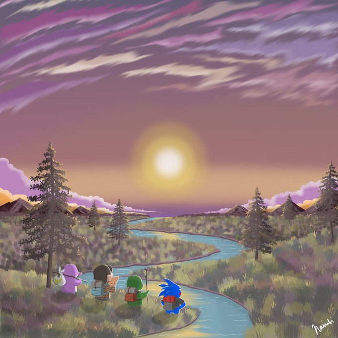 A colorful digital illustration depicting four frog-like characters with backpacks standing on a grassy hill, looking out over a winding blue river toward a setting sun under a purple-pink sky.