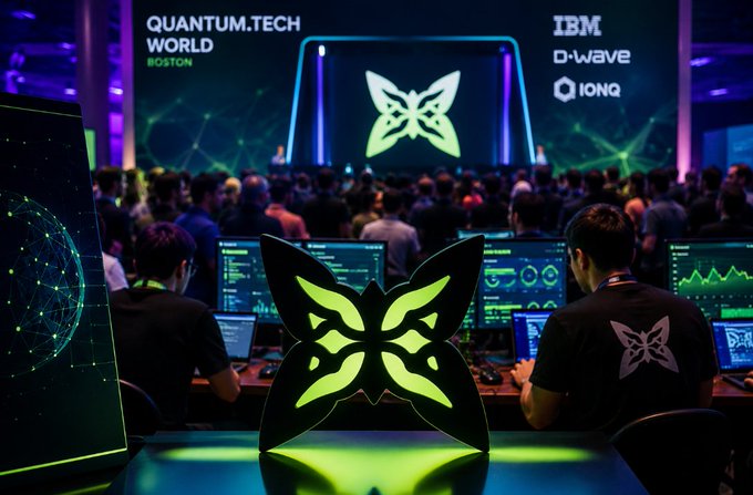 The image captures the Quantum.Tech World event in Boston, featuring a large auditorium with prominent sponsor logos for IBM, D-Wave, and IonQ visible on the main stage, alongside a glowing green butterfly emblem in the foreground. Attendees are working on laptops displaying quantum-related data visualizations, illustrating the convergence of quantum computing leaders and the broader tech audience present at the conference.