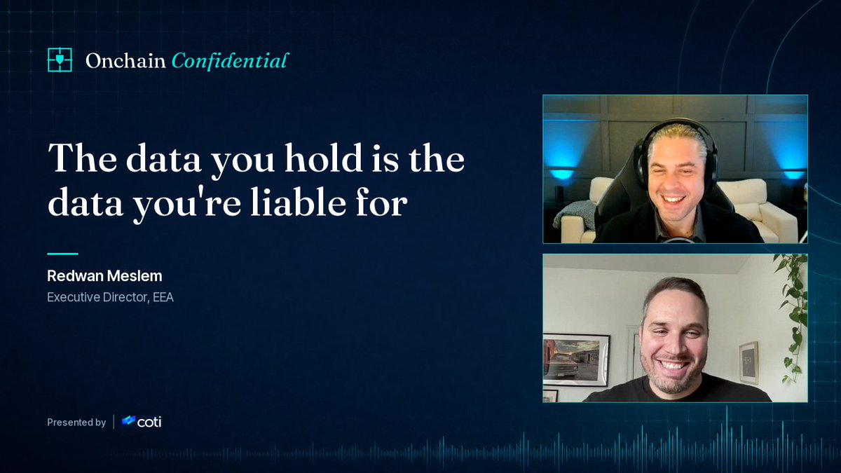 A podcast cover for 'Onchain Confidential' titled 'The data you hold is the data you're liable for' featuring speakers Redwan Meslem (Executive Director, EEA), presented by coti.