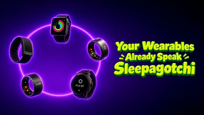 A neon purple promotional graphic displaying various wearable smart rings and a smartwatch with the text 'Your Wearables Already Speak Sleepagotchi'.