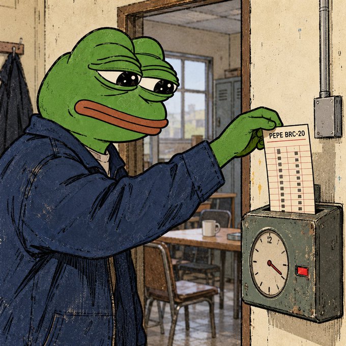 A digitally edited image showing the Pepe the Frog character in a blue work coat, clocking in at a wall-mounted time clock with a card labeled 'PEPE BRC-20' in a rundown room.