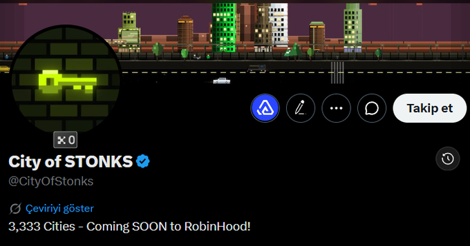 A Twitter/X profile header for 'City of STONKS' (@CityOfStonks) featuring a pixelated cityscape with a green key icon, displaying the text '3,333 Cities - Coming SOON to RobinHood!'