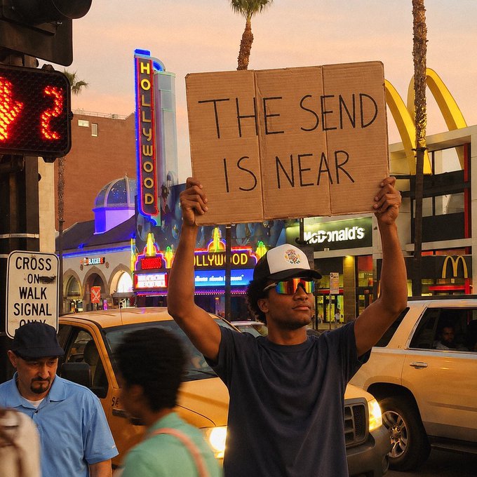 Man holding a cardboard sign reading 'THE SEND IS NEAR' on a street at sunset, with a McDonald's and Hollywood theater sign in the background.