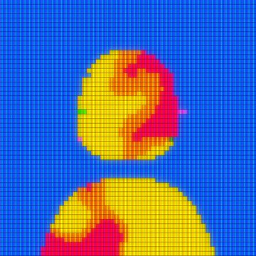 A pixelated grid design on blue background showing two circular motifs in yellow, orange, and red, likely a digital pattern or beadwork project that the creator is pleased with.