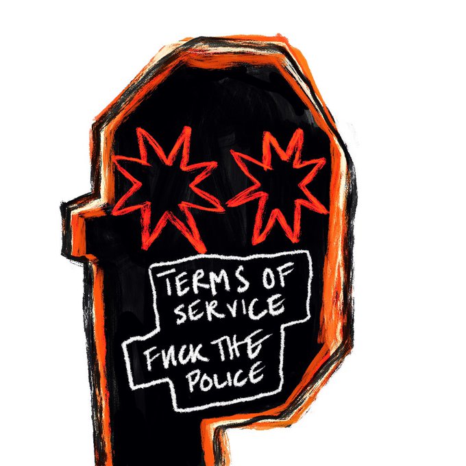 Hand-drawn black tombstone illustration with orange outlines featuring red stars for eyes, with text reading 'TERMS OF SERVICE' and 'FUCK THE POLICE'.