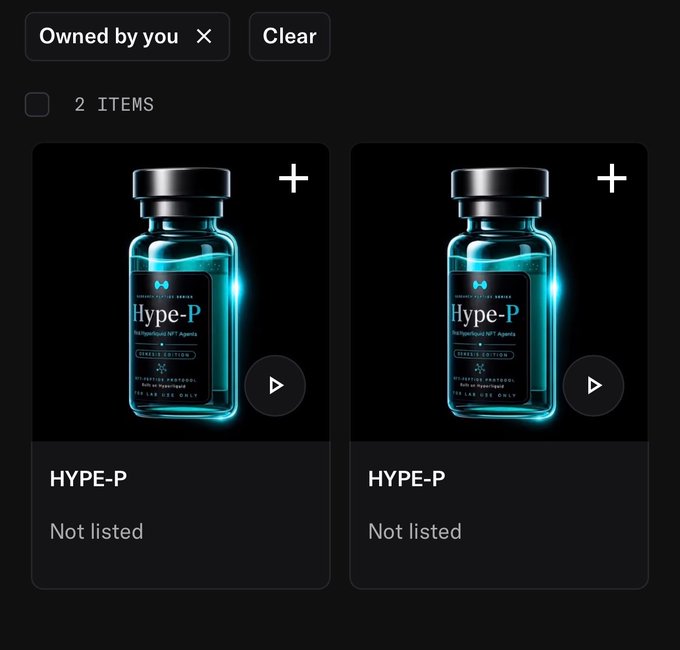 A digital inventory showing two 'HYPE-P' vials (Under Armour branded NFT Agents, Genesis Edition, For Lab Use Only) with an 'Owned by you' filter and '2 ITEMS' count.