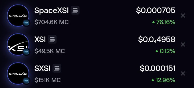 A cryptocurrency tracker displays three SpaceXSI-related tokens: SpaceXSI at $0.0000705 with a 76.16% gain and $704.6K market cap, XSI at $0.04958 with a 0.12% gain and $49.5K market cap, and SXSI at $0.000151 with a 12.96% gain and $151K market cap.