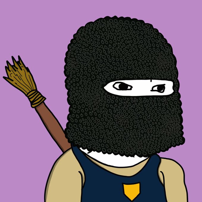 An illustration of a character wearing a textured black balaclava over their head with only their eyes visible, dressed in a blue tank top with a gold pocket and carrying a bundle of arrows on their back.