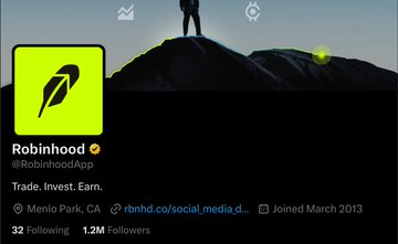The image shows a Robinhood (verified, @RobinhoodApp) Twitter/X profile with 1.2M followers, featuring their green arrow logo and a banner of a figure atop a mountain. The caption ties to the post about farmers expecting airdrops, as Robinhood has been linked to potential crypto airdrop speculation, with the mountain peak perhaps symbolizing reaching an airdrop goal.