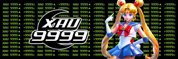 The image features a Sailor Moon-style character with blonde pigtails posing next to a large "XAU 9999" logo, all set against a repeating background of "XAU 9999 +999%" text, branding the meme token as a "real meme gold" backed by $XAUT as referenced in the post.