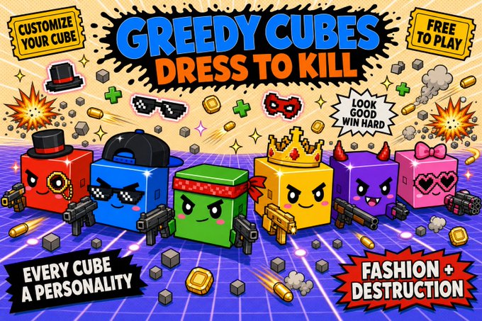A vibrant promotional banner for "Greedy Cubes: Dress to Kill" showcases six colorful, weapon-wielding cube characters with distinct accessories like top hats, crowns, and pixelated sunglasses, featuring taglines including "Customize Your Cube," "Free to Play," "Every Cube a Personality," "Look Good Win Hard," and "Fashion + Destruction," tying directly into the game's blend of character customization and competitive multiplayer combat.