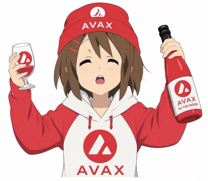 An anime-style character wearing a red beanie and hoodie branded with 'AVAX' and 'TO THE MOON', holding a matching wine glass and bottle.