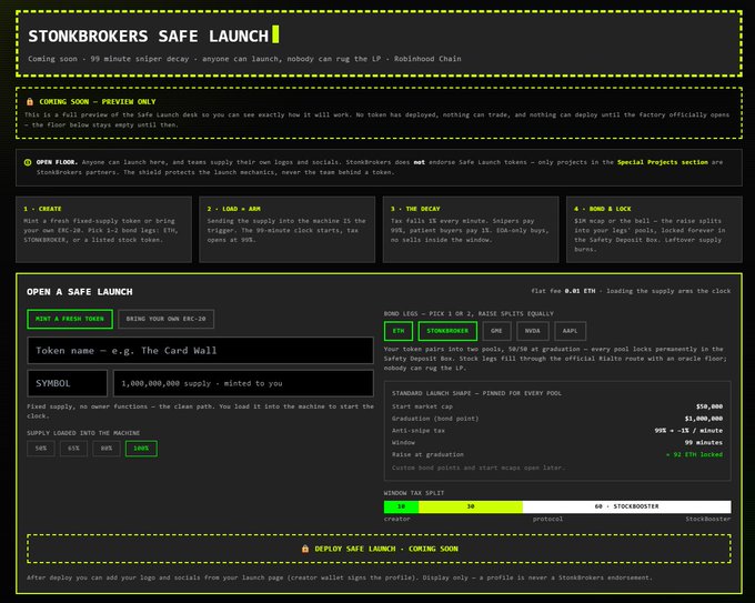 A detailed interface for 'STONKBROKERS SAFE LAUNCH' featuring a 'COMING SOON - PREVIEW ONLY' warning and a four-step process: CREATE, LOAD + ARM, THE DECAY, and BOND & LOCK.