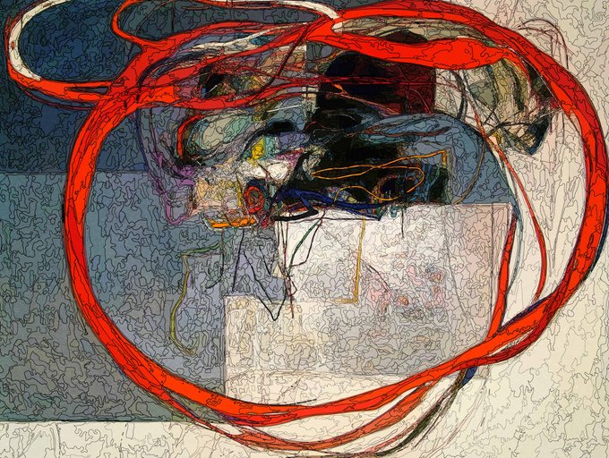 An abstract artwork combines swirling red lines, textured scribbles, and blocks of blue and white with chaotic multicolored strokes.