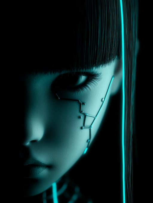 A dramatic digital portrait of a person with straight bangs, featuring glowing cyan facial circuitry lines and teal lighting against a dark background.