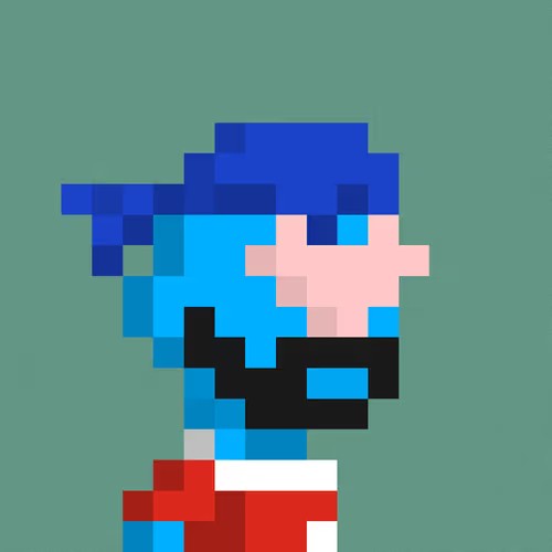 A pixel art illustration of a character with blue hair, a mustache, and a red and white outfit against a teal background.