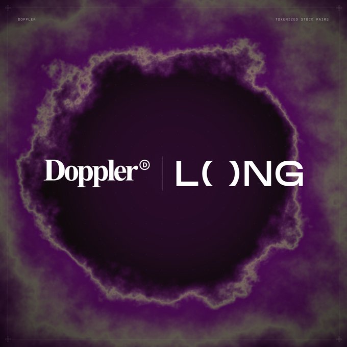 A purple-hued promotional graphic for "Doppler" (a tokenized stock pairs protocol), featuring a swirling vortex-like design with the text "DOPPLER | L()NG" centrally displayed, visually reinforcing the bullish "L()NG" position highlighted in the accompanying post.