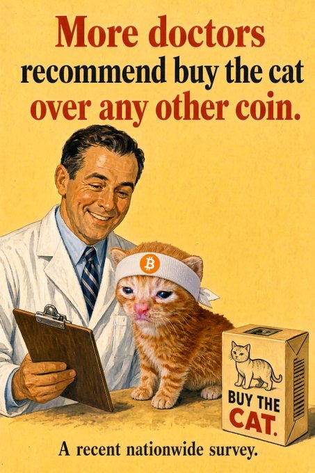 A vintage-style advertisement parody featuring a doctor with a clipboard next to an orange kitten wearing a Bitcoin logo headband, with text reading "More doctors recommend buy the cat over any other coin. A recent nationwide survey."