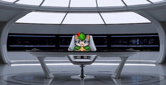 A pixel art character with green hair and a green outfit sitting at a desk in a futuristic, sleek white room with large windows.