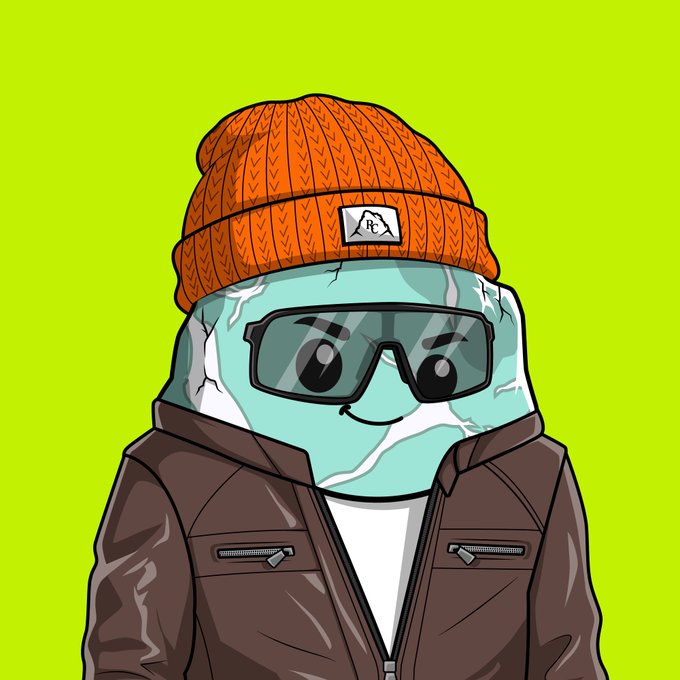 A cartoon mascot character wearing an orange beanie, dark sunglasses, and a brown jacket against a bright green background.