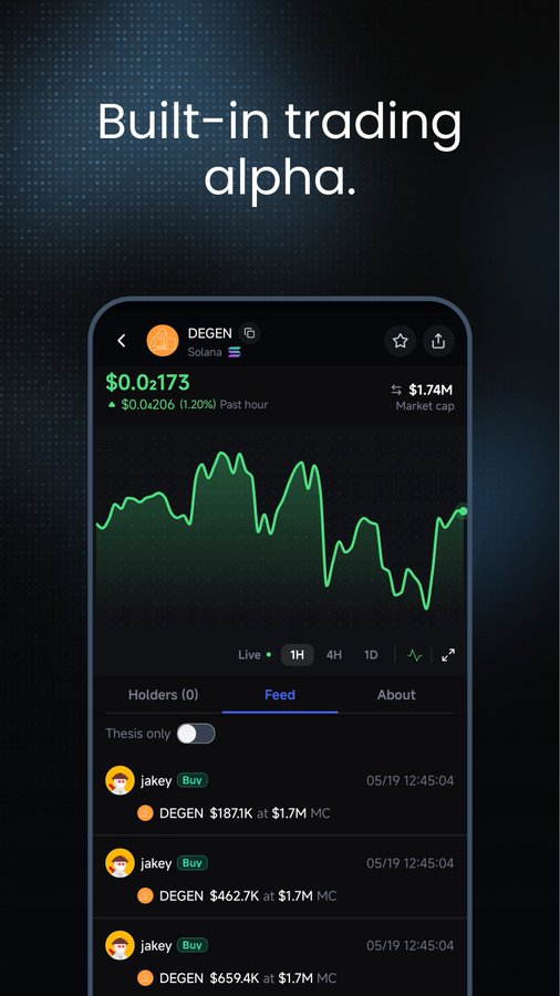 The image shows a mobile app interface for the DEGEN token on Solana, displaying a price of $0.02173 with a $1.74M market cap and a green price chart, with the tagline "Built-in trading alpha." The accompanying post suggests this is a preview of an upcoming mobile social trading app called o1 exchange, which would provide built-in trading alpha insights for tokens like DEGEN, similar to how base app and Pumpfun operate.