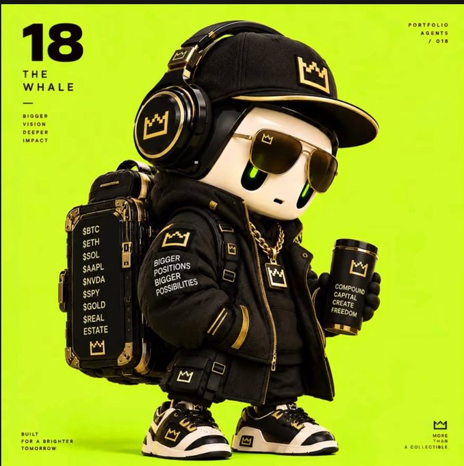 A collectible toy figure branded with crown logos wears a black cap, headphones, sunglasses, a backpack listing tickers ($BTC, $ETH, $SOL, $AAPL, $NVDA, $SPY, $GOLD, $REAL, ESTATE), and holds a mug reading 'COMPOUND CAPITAL CREATE FREEDOM', labeled '18 THE WHALE' with 'BIGGER VISION DEEPER IMPACT'.