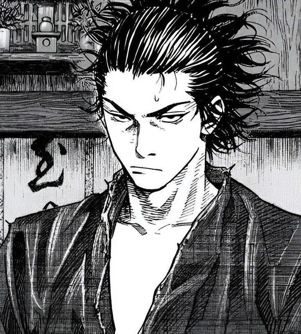 A black and white manga-style illustration of a stern-looking man with messy dark hair wearing a traditional Japanese garment, with Japanese characters visible in the background.