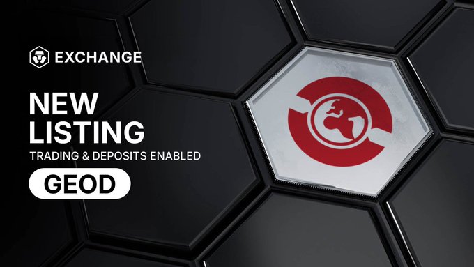 A Crypto.com Exchange "NEW LISTING" announcement banner featuring a hexagonal design with the GEODNET ($GEOD) logo, indicating that trading and deposits for GEOD are now enabled on the platform.